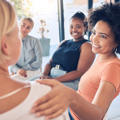 Empathy, support and team of women talk with friends