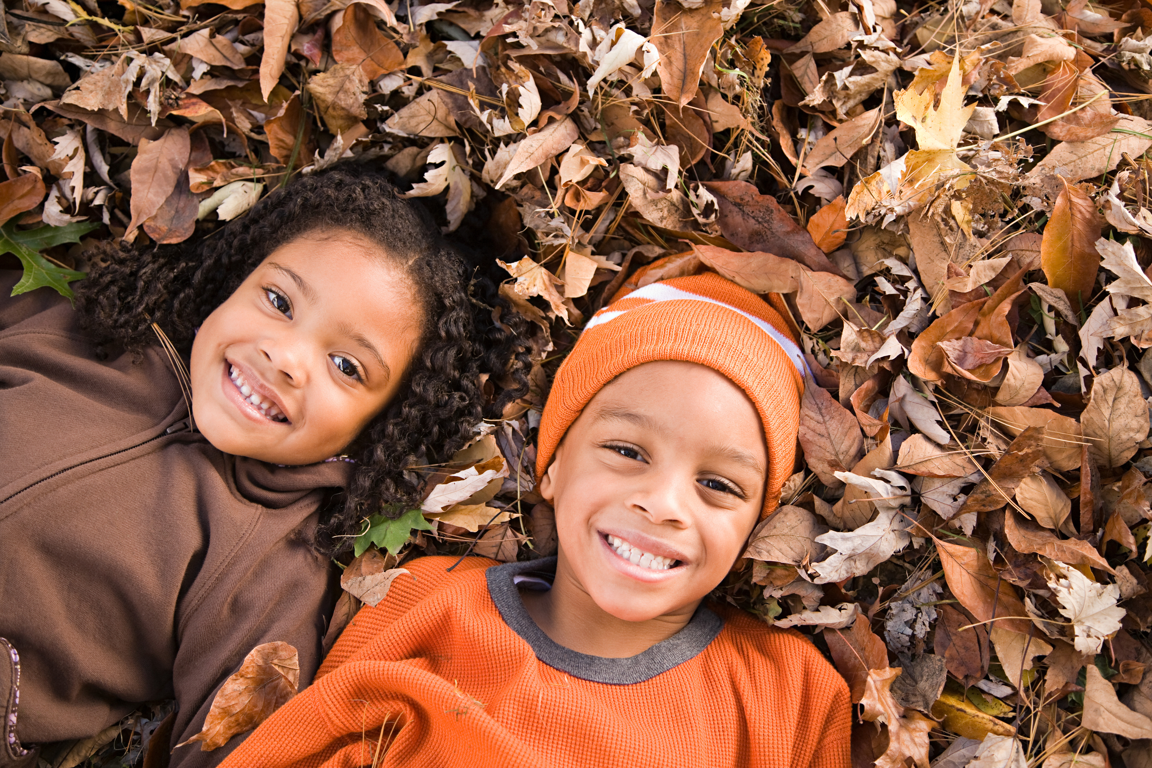 Black children playing in autumn leaves