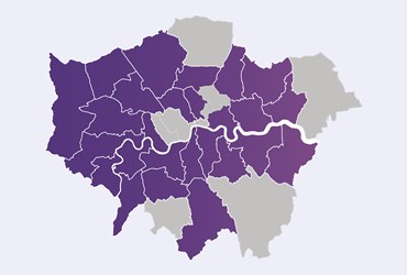 A picture of a map highlighting the areas of London that PA have homes in purple