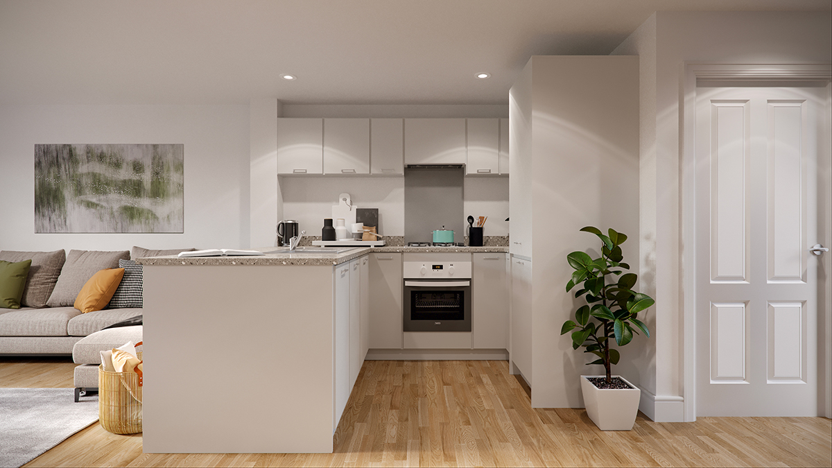 Hestia Green Kitchen CGI (Specs Subject To Change And For Illustrative Purposes Only)