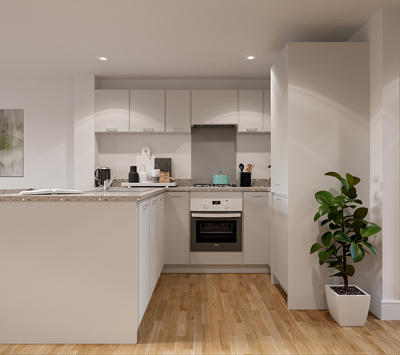 Hestia Green Kitchen CGI (Specs Subject To Change And For Illustrative Purposes Only)