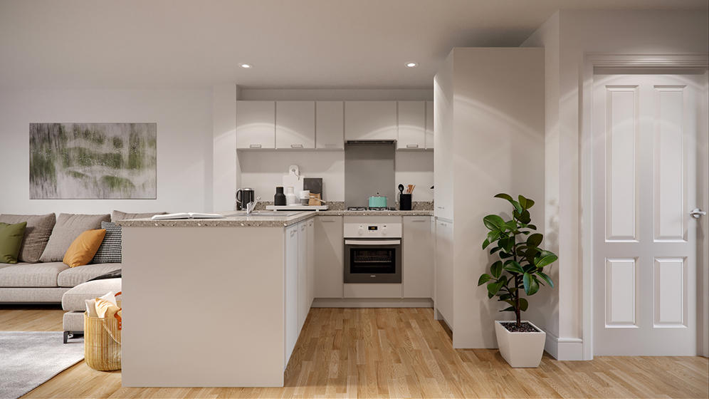 Hestia Green Kitchen CGI (Specs Subject To Change And For Illustrative Purposes Only)