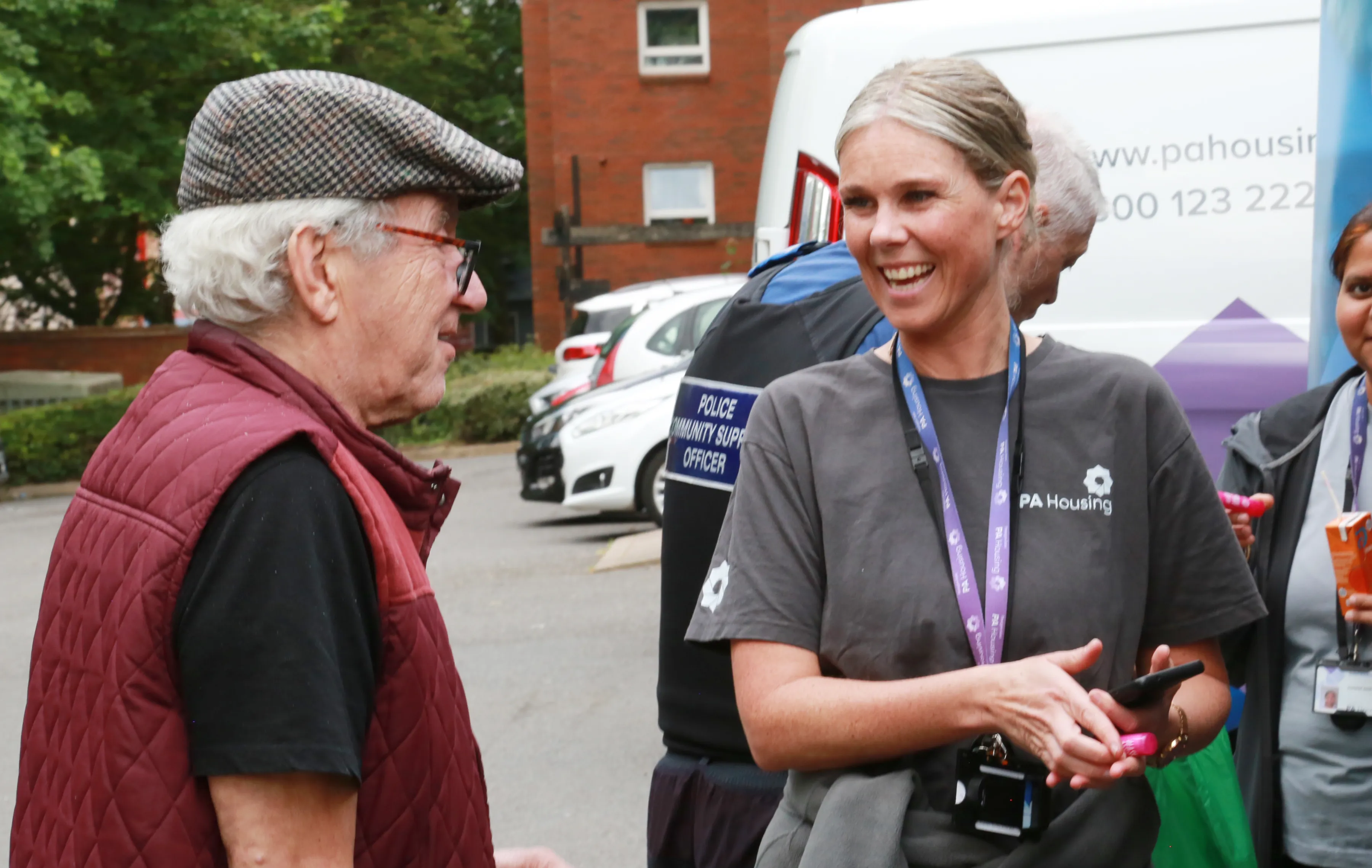 Steph Hayes speaking with resident