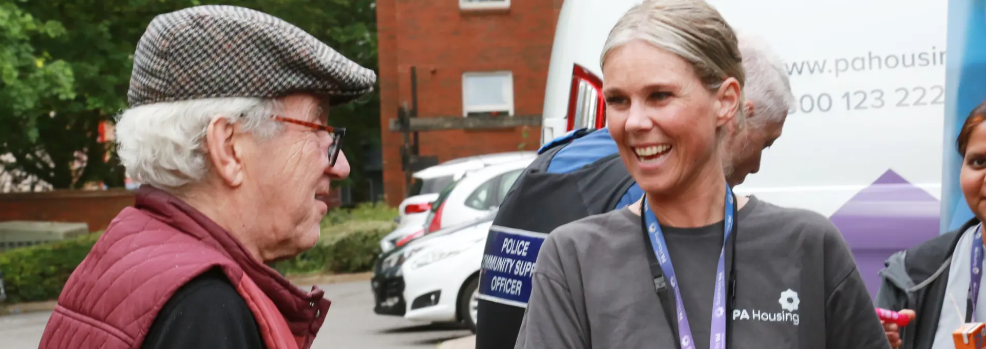 Steph Hayes speaking with resident