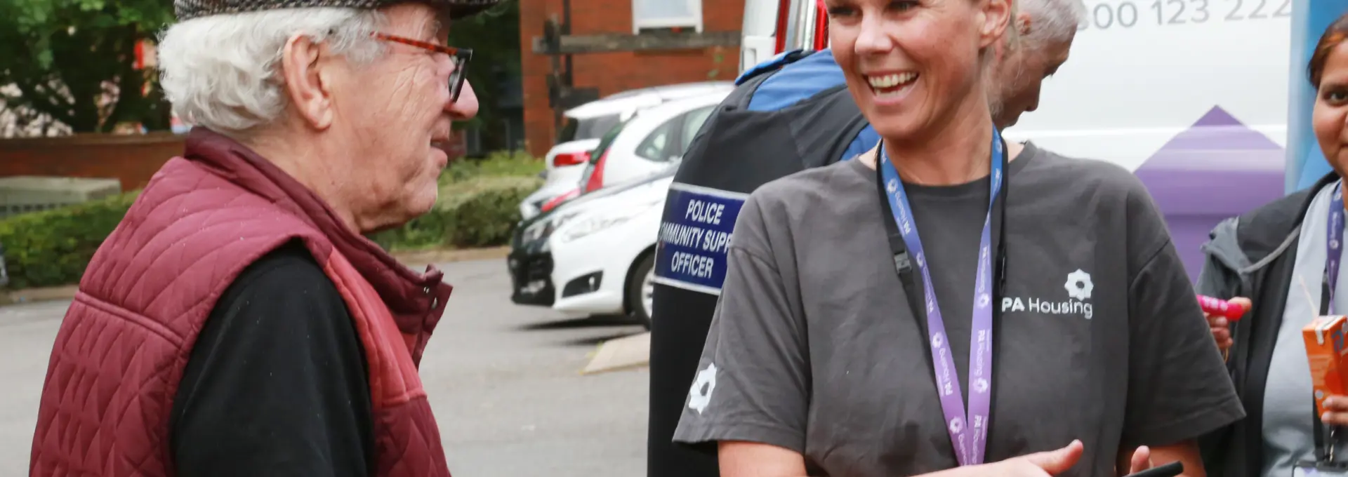 Steph Hayes speaking with resident