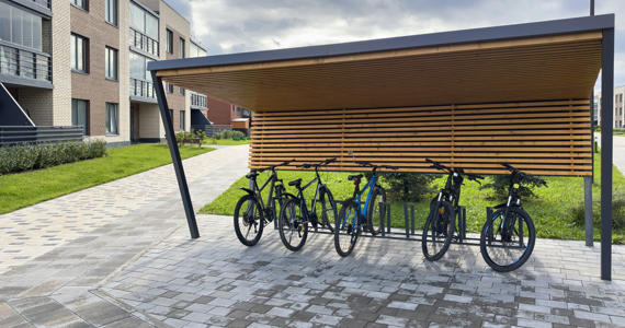 Modern bike store outside apartment building
