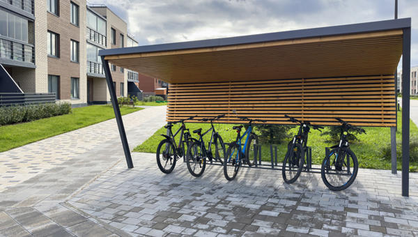 Modern bike store outside apartment building